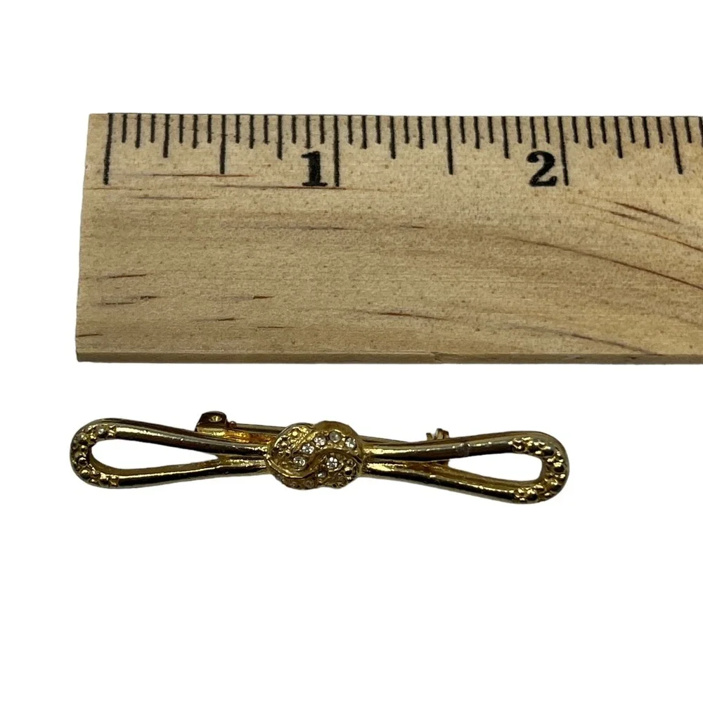 Vintage Bar Brooch Clear Rhinestone and Gold‎ Tone Bow Pin